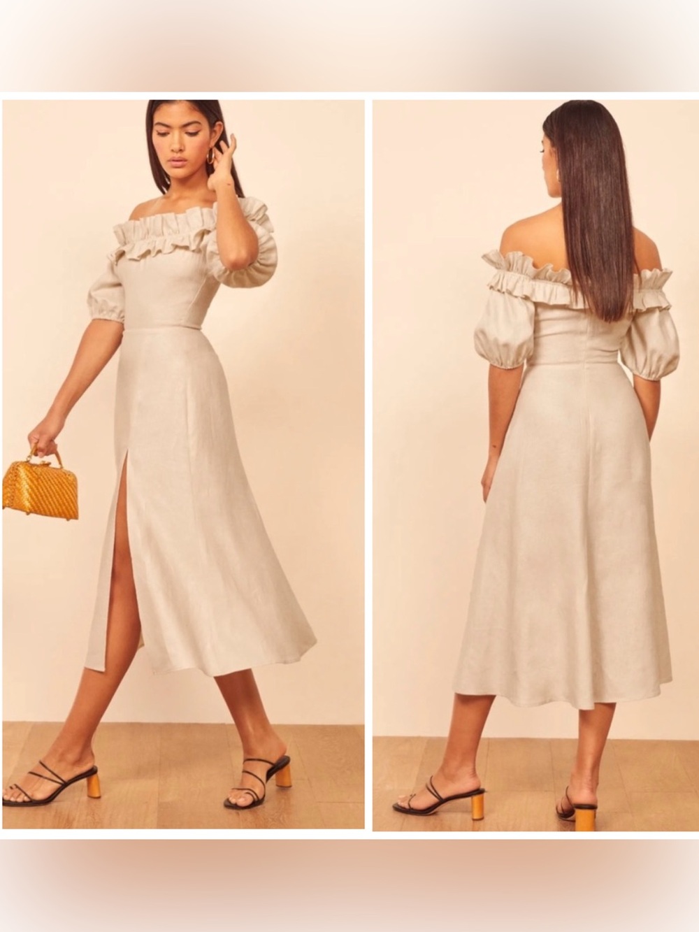 REFORMATION Marley Ruffle Off The Shoulder Linen Midi Dress Cream Size 4 NEW